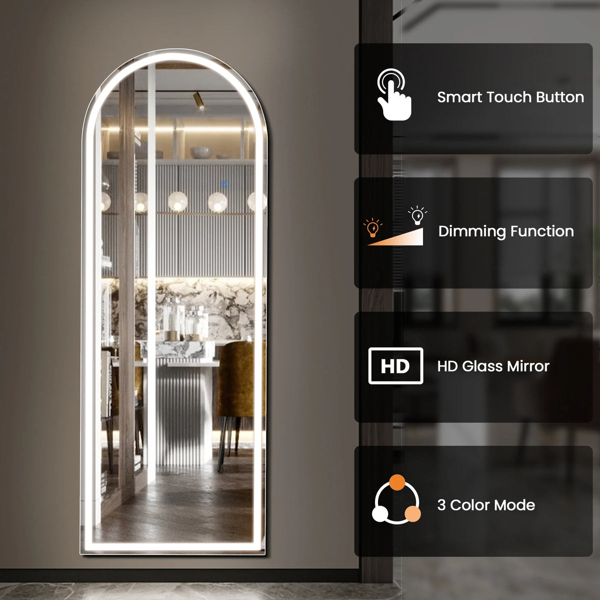 Full-length LED mirror leaning against a bedroom wall