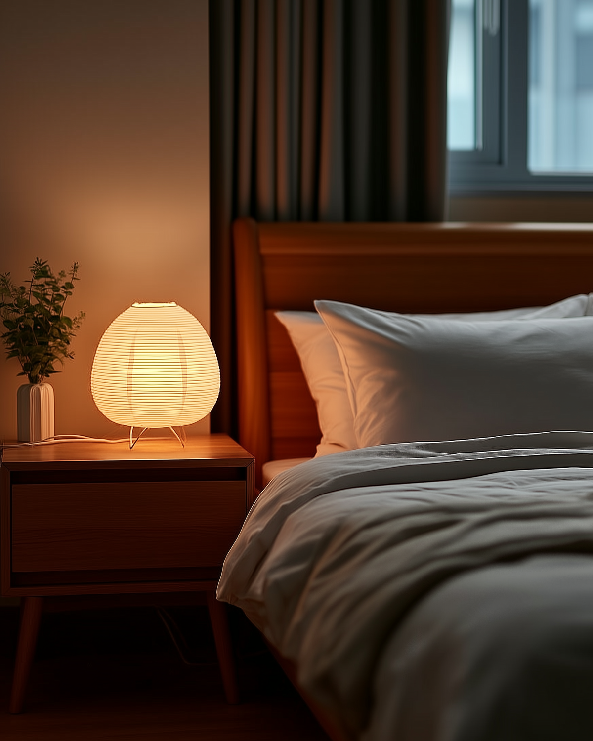 Haru rice paper lamp on a walnut nightstand beside a bed at dusk — homepage hero desktop