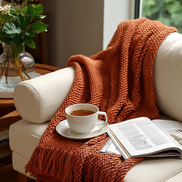 Chunky knit tassel throw over a sofa arm with tea and a magazine