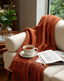 Chunky knit tassel throw over a sofa arm with tea and a magazine