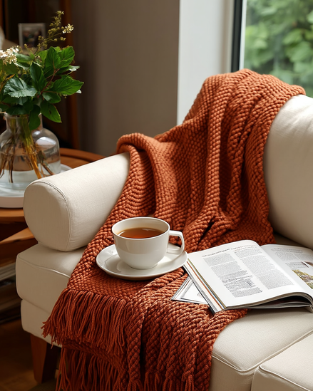 Chunky knit tassel throw over a sofa arm with tea and a magazine