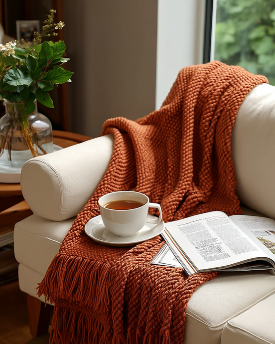 Chunky knit tassel throw over a sofa arm with tea and a magazine