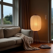 The Tomo floor lamp beside a sofa with a knit throw at dusk