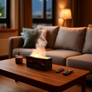 The Hearth Diffuser on a coffee table with its flame-effect mist, evening living room