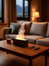 The Hearth Diffuser on a coffee table with its flame-effect mist, evening living room
