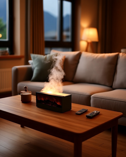 The Hearth Diffuser on a coffee table with its flame-effect mist, evening living room