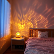 The Tide Lamp casting warm water ripple patterns across a bedroom wall at night