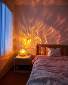 The Tide Lamp casting warm water ripple patterns across a bedroom wall at night