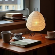 The Paper Lantern lamp on a desk with books and tea, afternoon window light