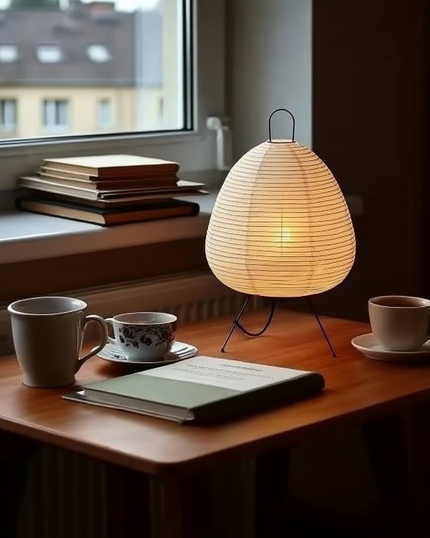 The Paper Lantern lamp on a desk with books and tea, afternoon window light