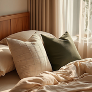 Textured cushion covers in coffee and dark green on a linen bed, morning light