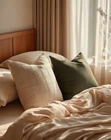 Textured cushion covers in coffee and dark green on a linen bed, morning light
