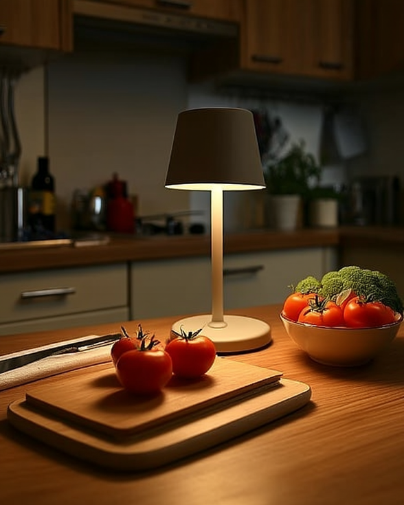 The Ren cordless lamp on a kitchen counter at dinner time