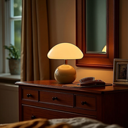 The Bloom Lamp glowing on a wooden dresser beside a mirror