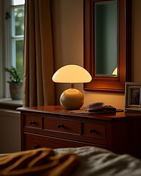The Bloom Lamp glowing on a wooden dresser beside a mirror
