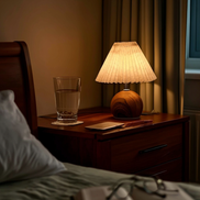 The Nami pleated bedside lamp on a nightstand late at night