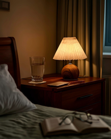 The Nami pleated bedside lamp on a nightstand late at night