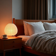 The Haru Lamp glowing warm on an oak bedside table at night