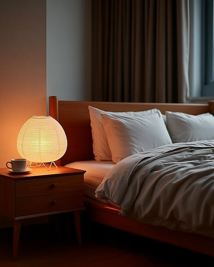 The Haru Lamp glowing warm on an oak bedside table at night