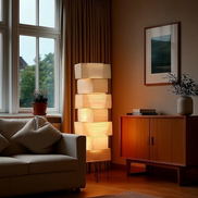 The Yuki stacked lamp in a living room corner, late afternoon sun