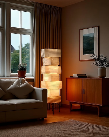 The Yuki stacked lamp in a living room corner, late afternoon sun