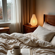The Haru Lamp glowing on a wooden nightstand beside an unmade linen bed, morning light