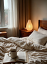 The Haru Lamp glowing on a wooden nightstand beside an unmade linen bed, morning light