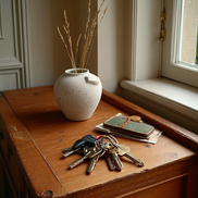 The Komo Vase with dried stems on an entry console beside keys, soft daylight