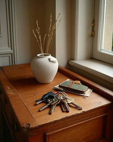 The Komo Vase with dried stems on an entry console beside keys, soft daylight