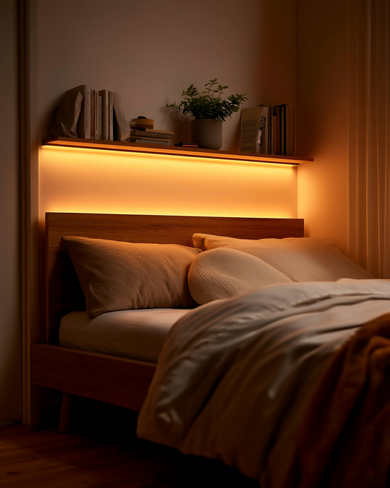 Warm LED strip glowing under a floating shelf above a bed at dusk