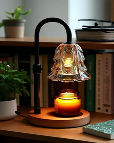 The Petal Lamp candle warmer on a bookshelf ledge