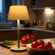 The Ren cordless lamp glowing on a kitchen counter in the evening