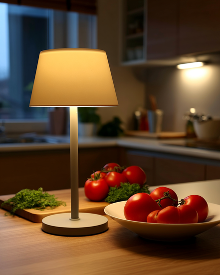 The Ren cordless lamp glowing on a kitchen counter in the evening