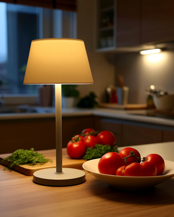 The Ren cordless lamp glowing on a kitchen counter in the evening
