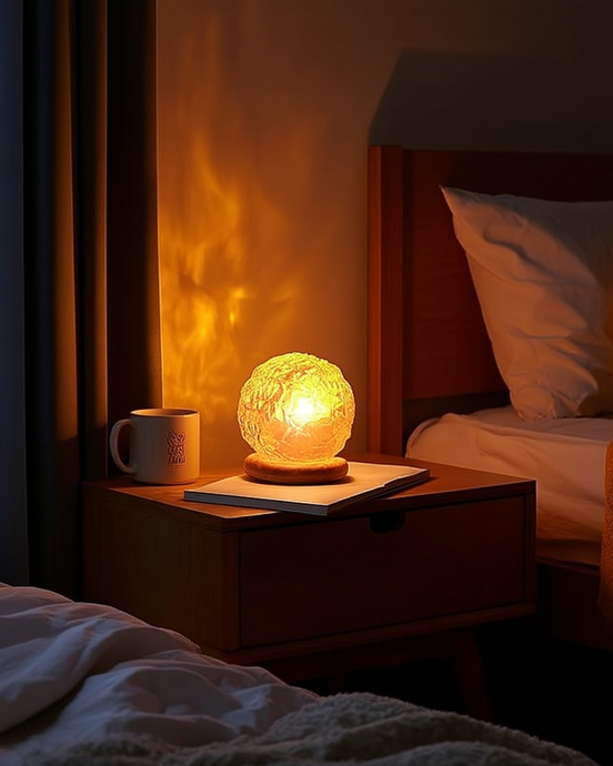 The Tide Lamp casting water ripple patterns across a bedroom wall at night