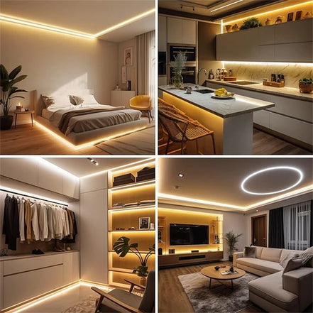 Warm COB LED strip lighting a bedroom, kitchen, wardrobe and living room from behind shelves and coving