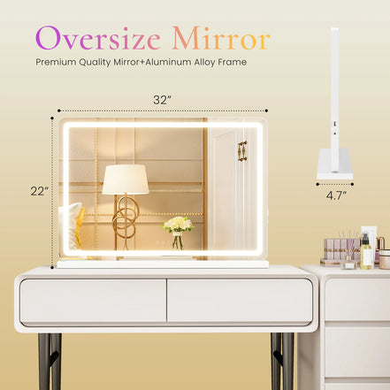 LED Vanity Mirror — Dimmable, 3 Light Modes, Aluminum Frame
