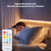 COB LED strip fitted behind a headboard, glowing warm white above a bed