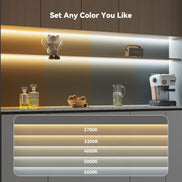 The strip's colour range shown under kitchen cabinets, from 2700K warm through to 6500K daylight