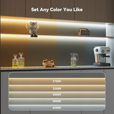 The strip's colour range shown under kitchen cabinets, from 2700K warm through to 6500K daylight