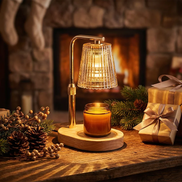 Ember candle warmer lamp with amber fluted glass shade melting a jar candle on an oak base beside a fireplace