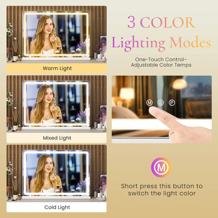LED Vanity Mirror — Dimmable, 3 Light Modes, Aluminum Frame