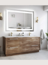 Backlit LED bathroom mirror above a warm walnut vanity