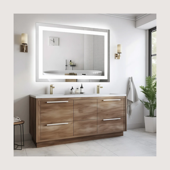 Backlit LED bathroom mirror above a warm walnut vanity