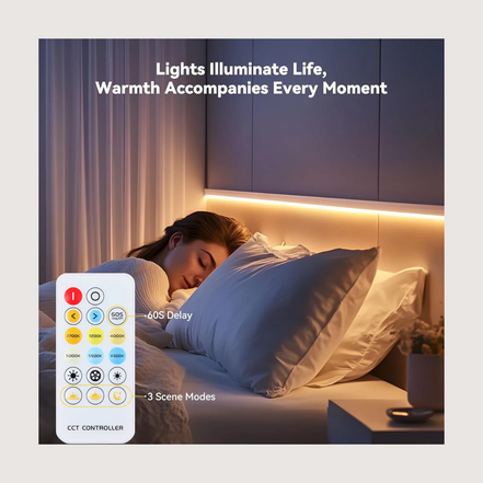 Cove COB LED strip lighting a bedroom headboard warmly