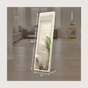 Full-length LED mirror standing in a neutral living room