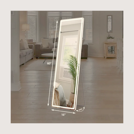 Full-length LED mirror standing in a neutral living room