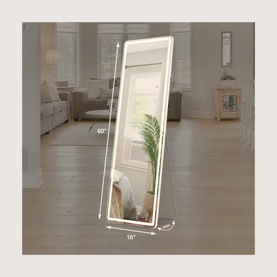 Full-length LED mirror standing in a neutral living room